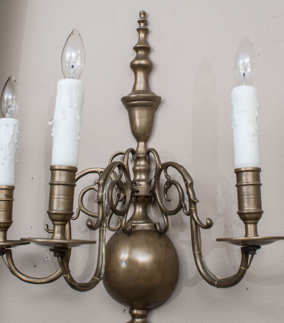 American Lester Berry Queen Anne Style, Three-Light Brass Sconces, circa 1955