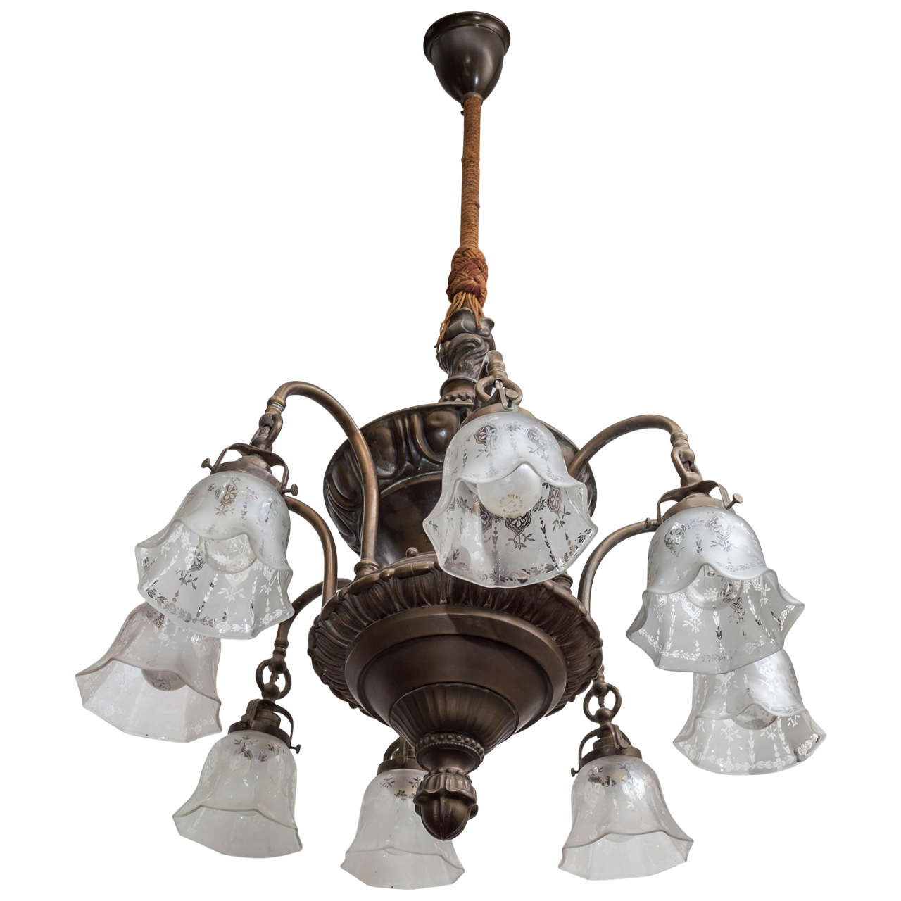 American Eight-Arm Edwardian Period Chandelier with Period Etched Shades