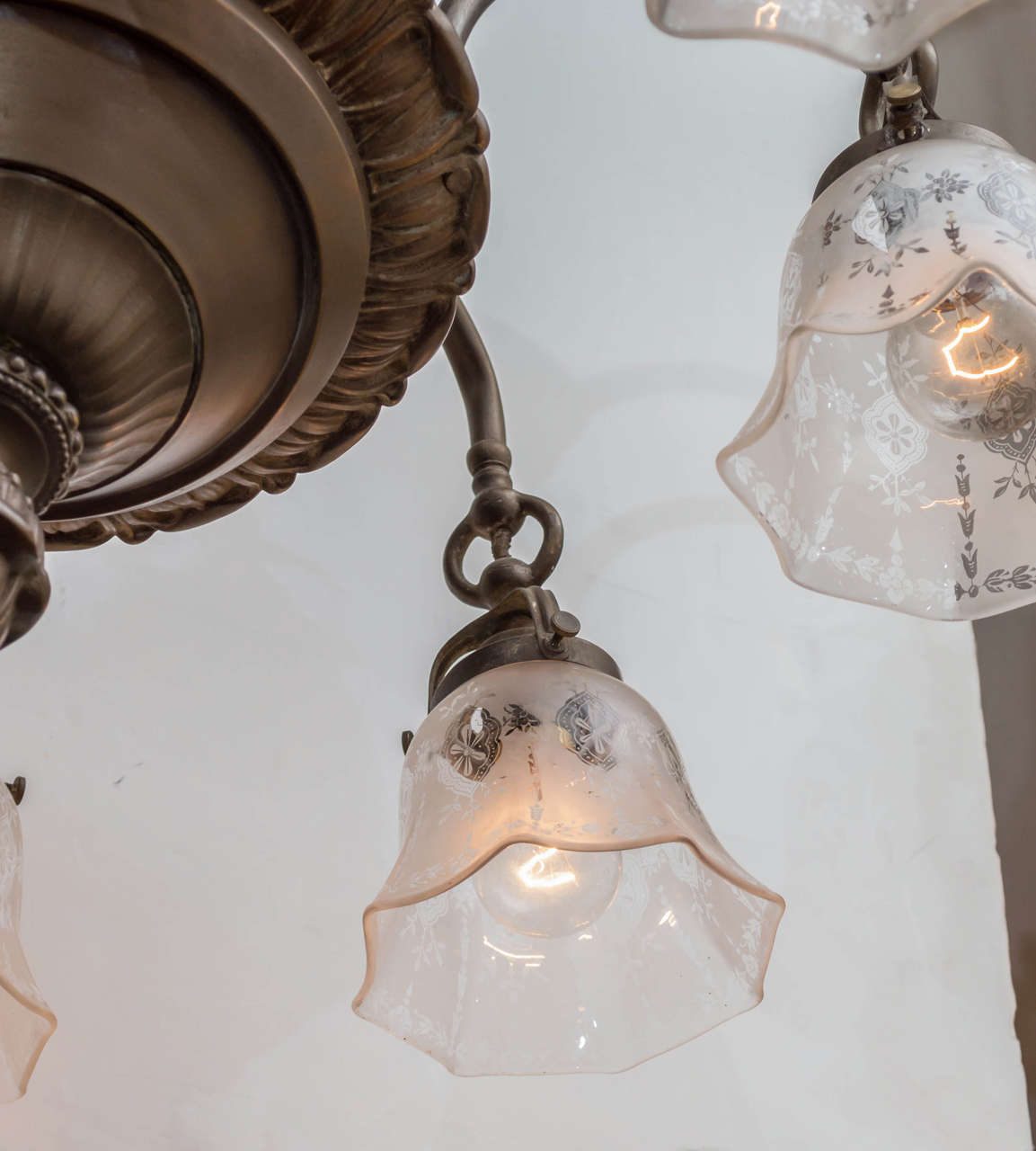 American Eight-Arm Edwardian Period Chandelier with Period Etched Shades In Excellent Condition In Petaluma, CA