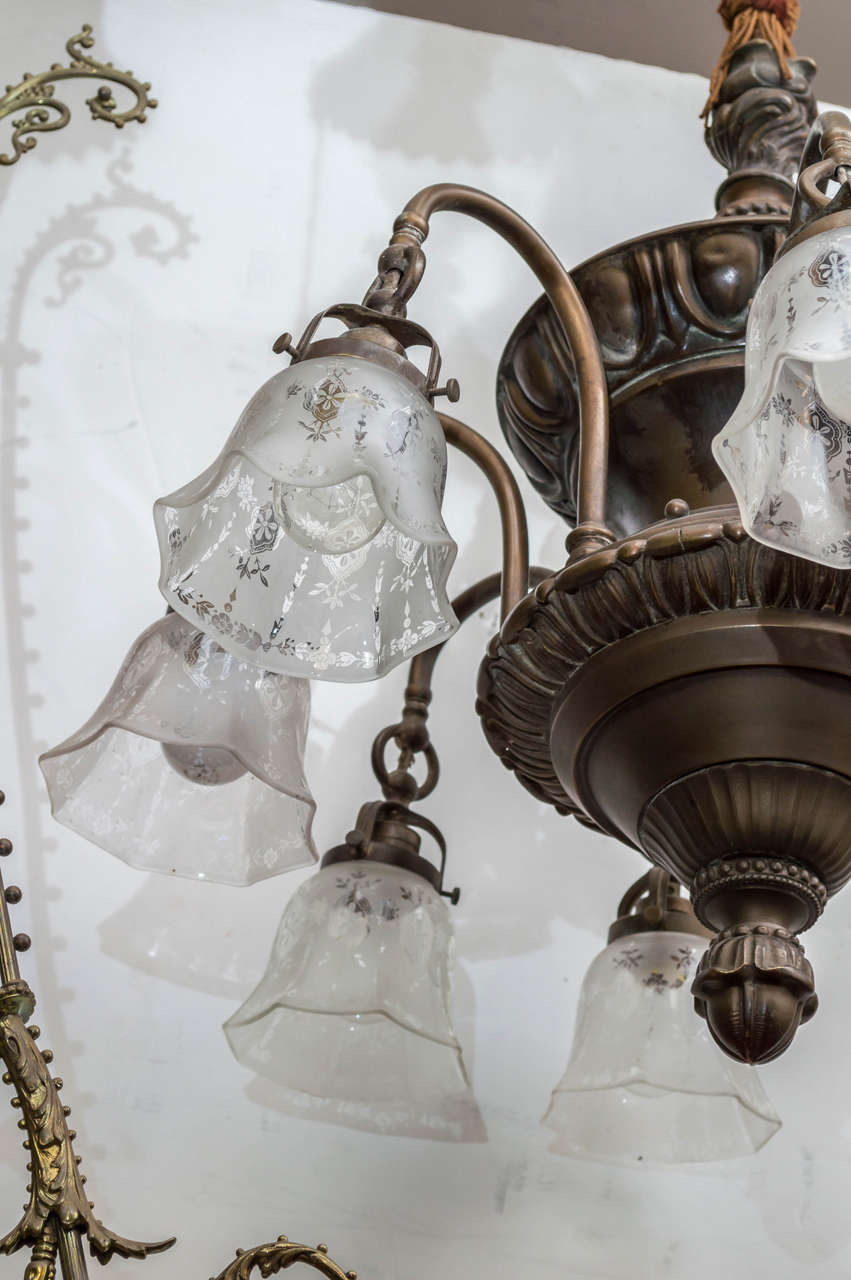Bronze American Eight-Arm Edwardian Period Chandelier with Period Etched Shades