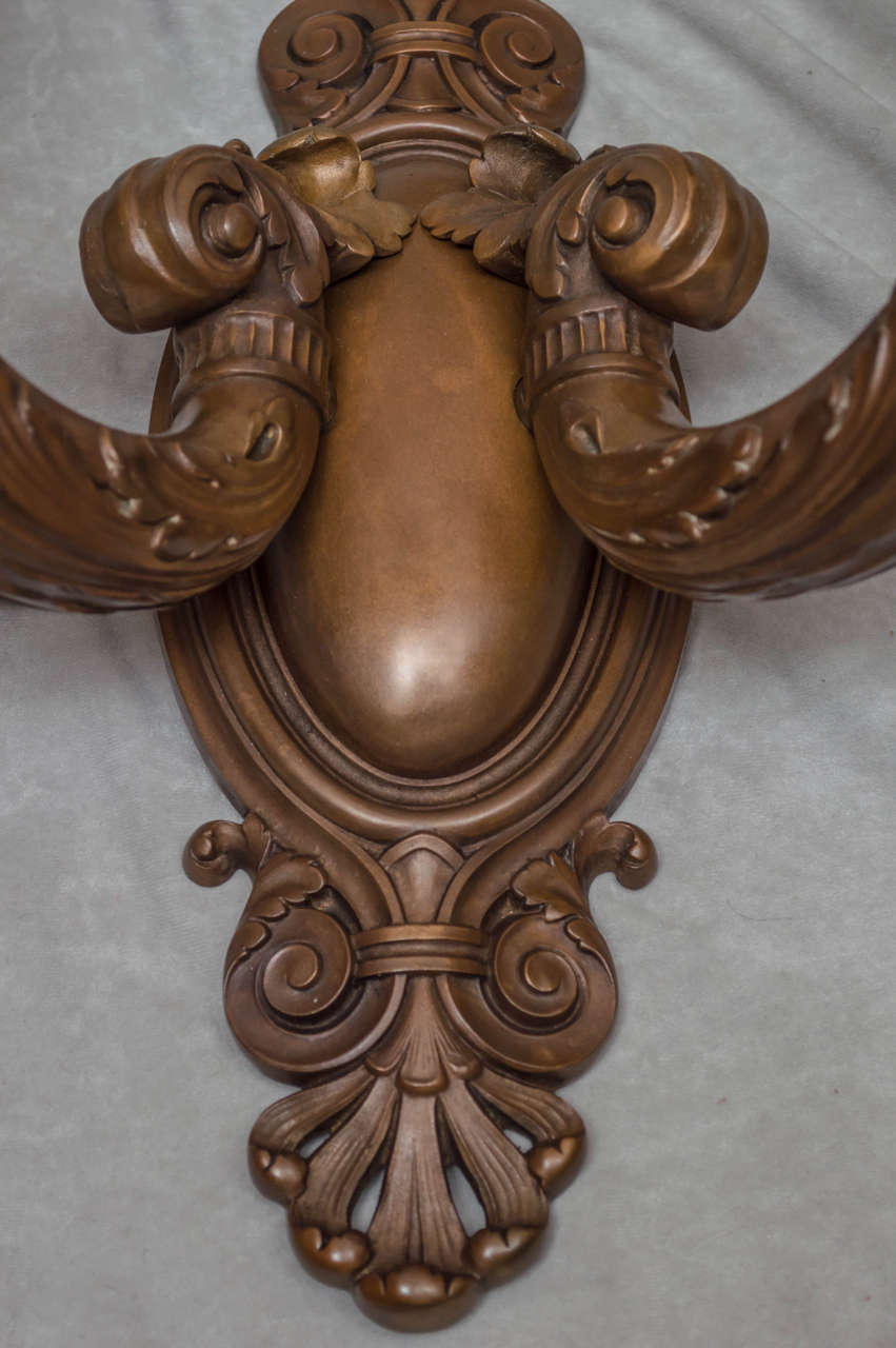 Pair of Bronze Two-Arm Sconces, Signed 