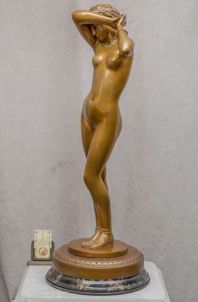 Falguiere was considered by many to be among the greatest artists working in bronze during the third quarter of the 19th century. So many artists studied under him and achieved fame themselves. This luscious bronze rotates on the marble base. The