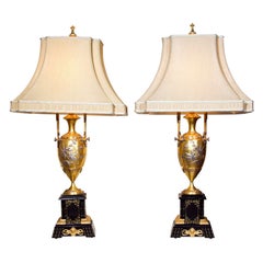 Pair of French Bronze Table Lamps Ebony Base Art Nouveau Style With Linen Shades