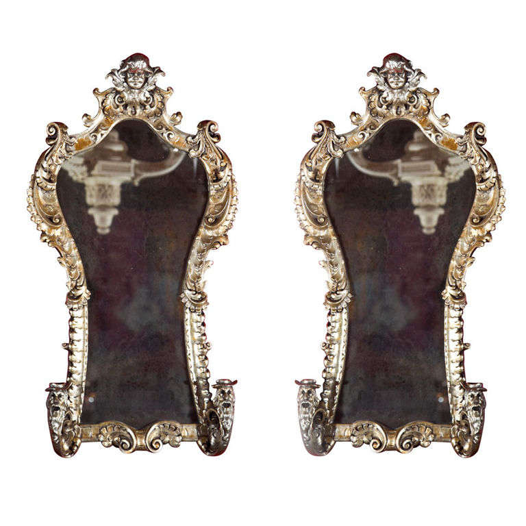 Pair 19th C. French Rococo Style Silver Gilt Mirrors With Two Candlestick Arms