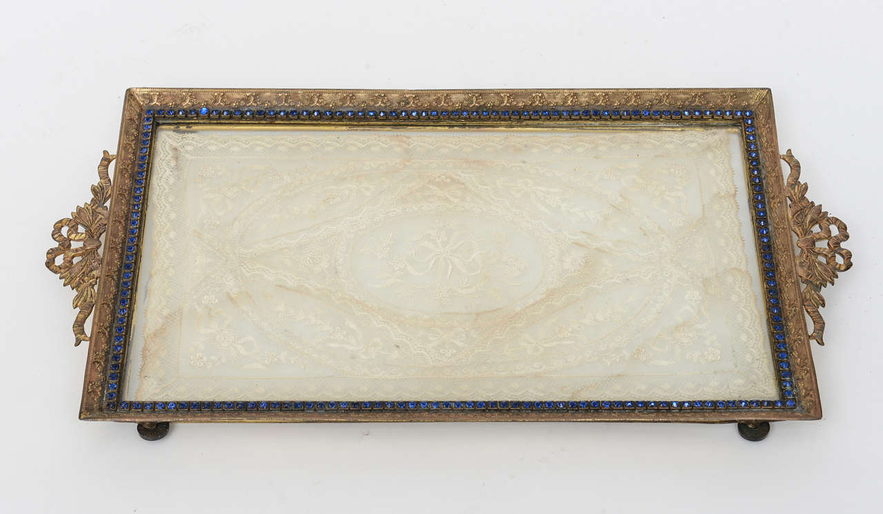 French Jeweled Ormolu Tray with Lace, 19th Century In Good Condition In West Palm Beach, FL