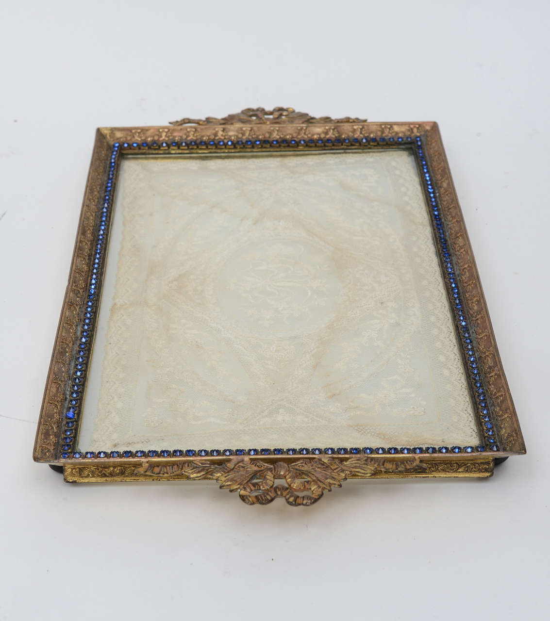 French Jeweled Ormolu Tray with Lace, 19th Century 3