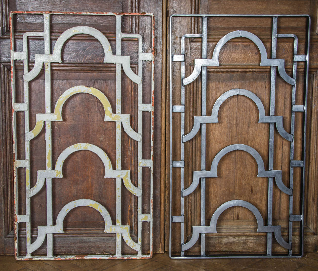 We have a set of these distinctively Art Deco grills in cast iron. The grills can be left as they are (left) or stripped and polished (right). They were reclaimed from a mansion block in North London.

They are priced at £250 each as they are or