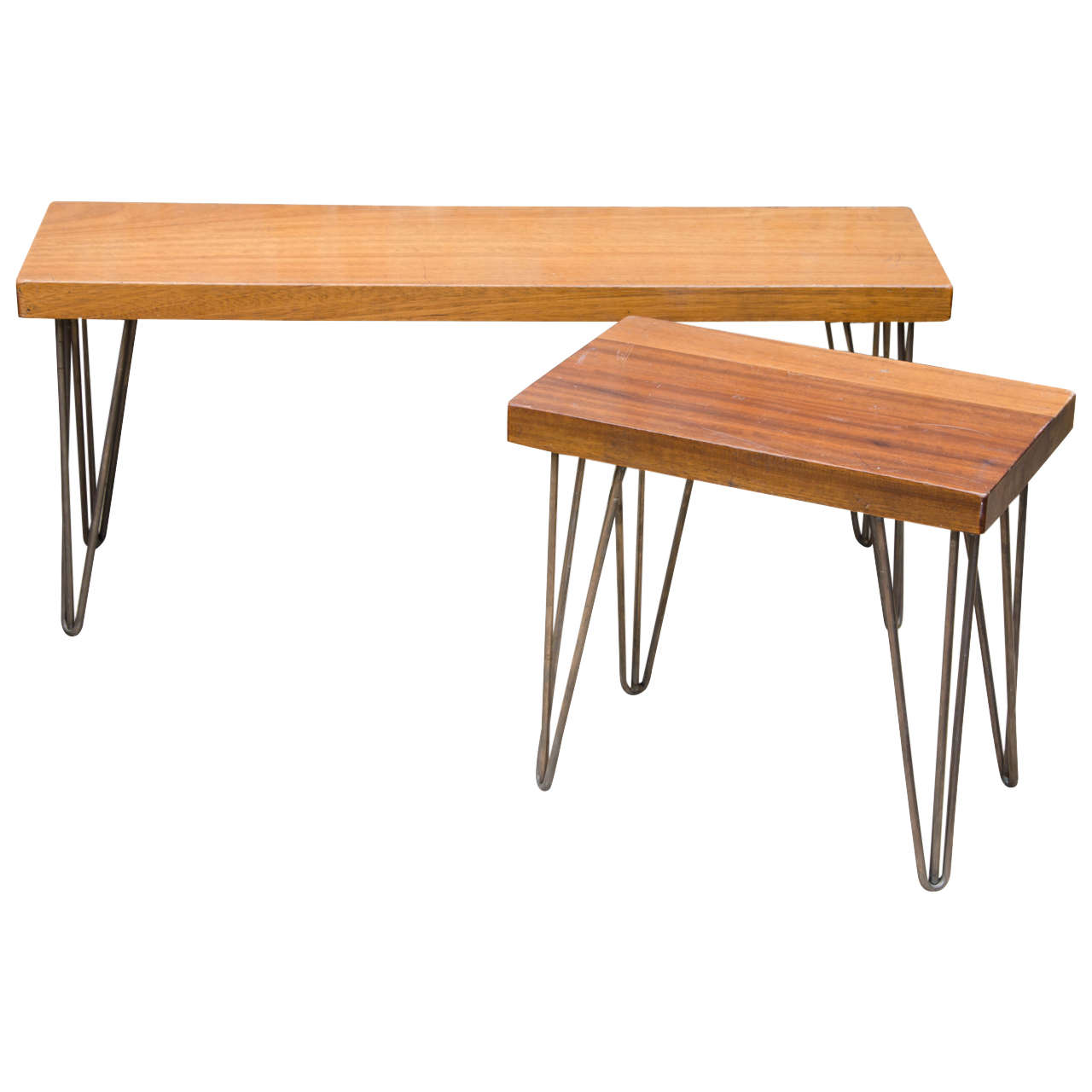 Retro Teak Benches with Hairpin Legs For Sale