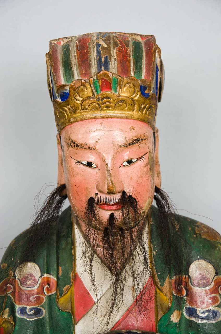Lacquered Tall Chinese Wooden Figure of a Sage, Mid-18th Century