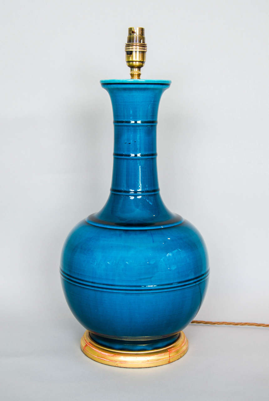 Monochrome Turquoise Glazed Chinese Porcelain Vase Made into a Lamp