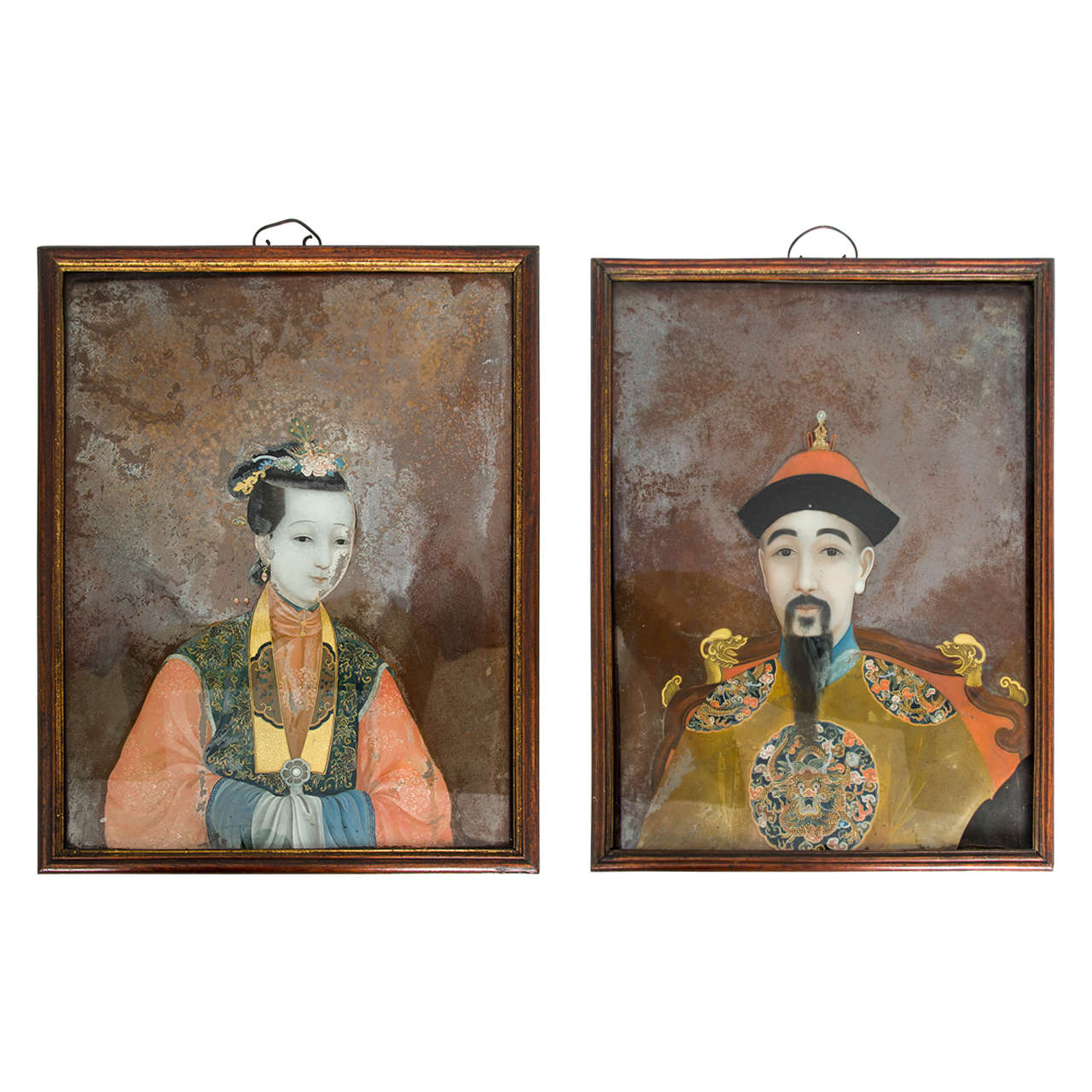 Pair of Chinese Export Reverse Glass Portrait Pictures