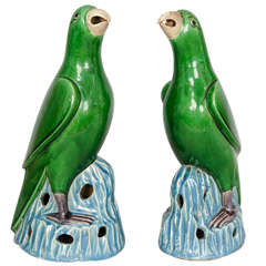 Pair of Large Chinese Porcelain Green Glazed Parrots