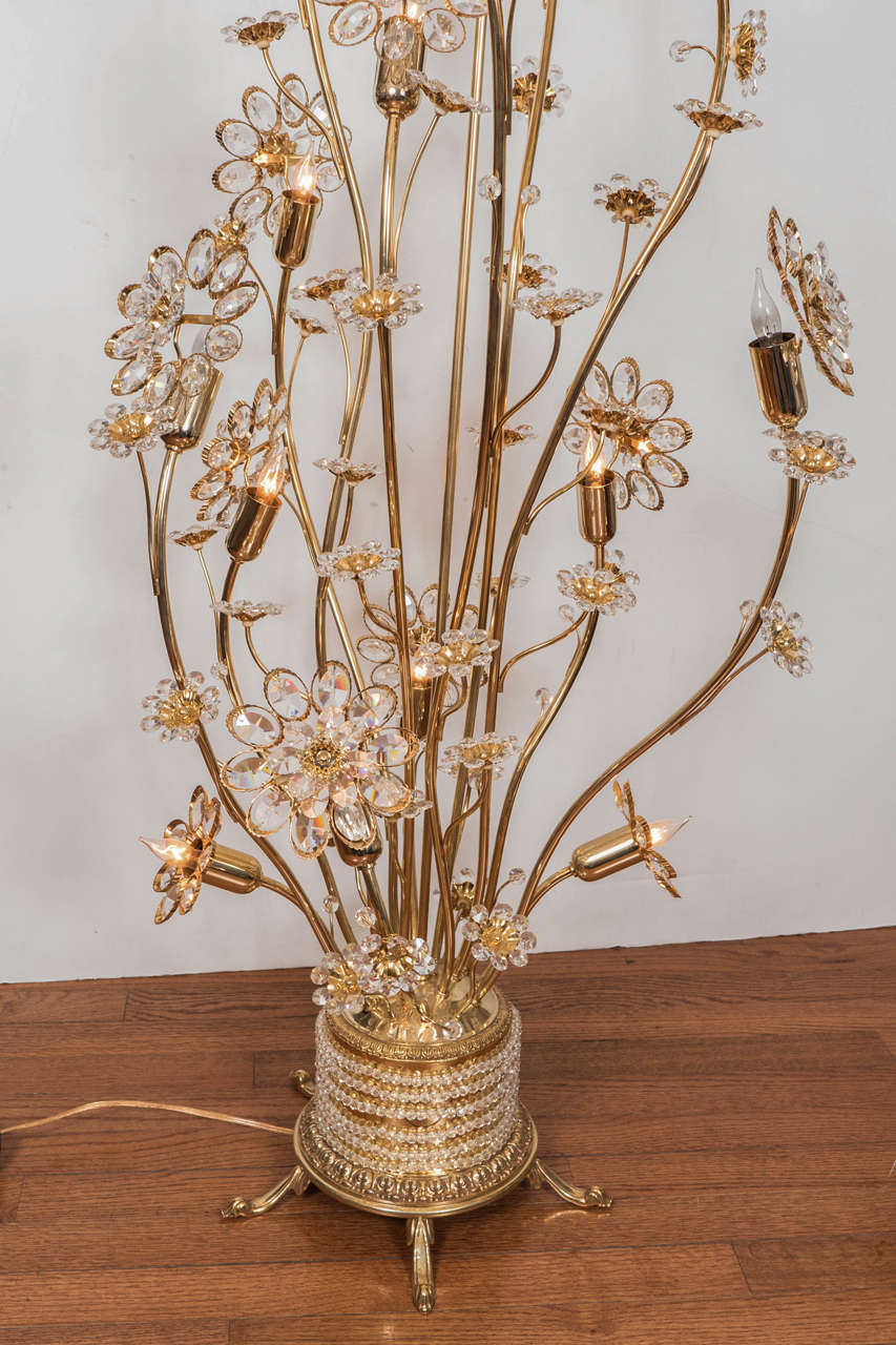 Mid-20th Century Floral Brass and Crystal Floor Lamp