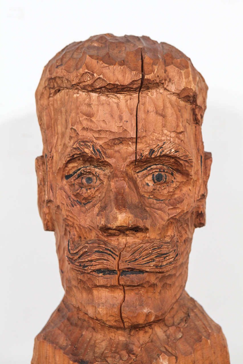 Folk Art Carved Bust of Mustachioed Man