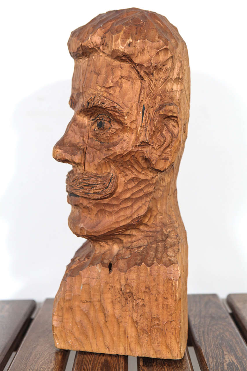 Late 20th Century Carved Bust of Mustachioed Man