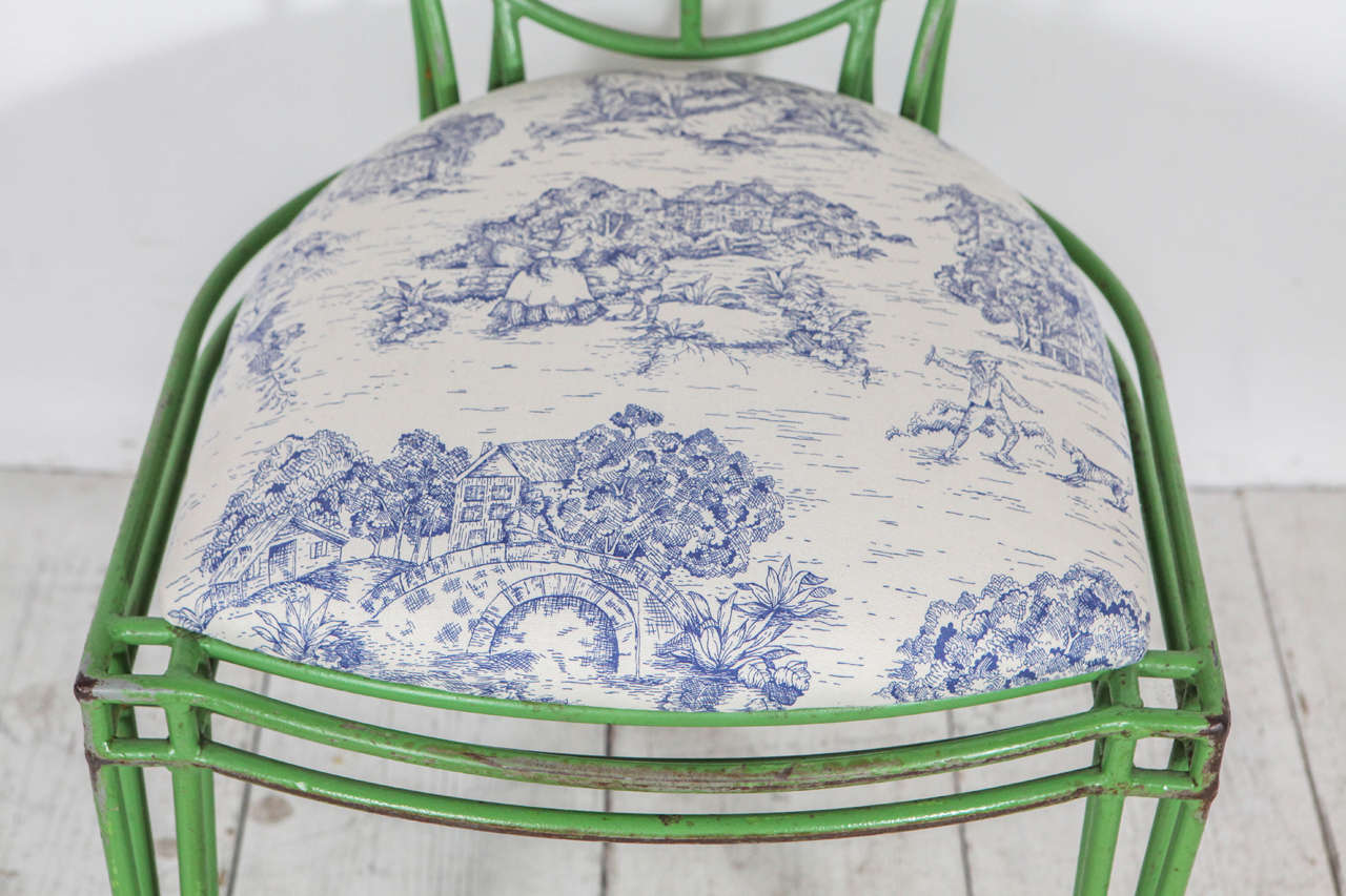 Green Metal and Toile Oval Back Dining Chairs (Two Available) In Good Condition In Los Angeles, CA