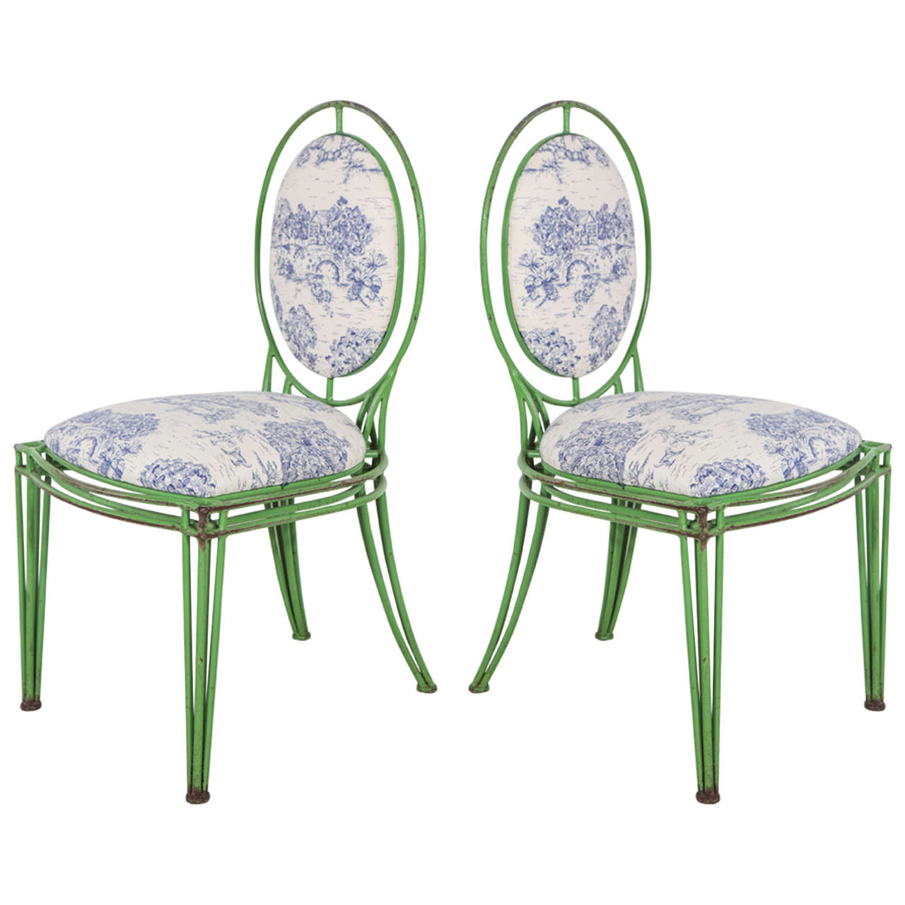 Green Metal and Toile Oval Back Dining Chairs (Two Available)