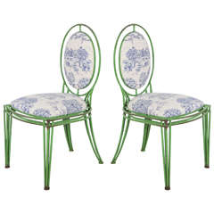 Green Metal and Toile Oval Back Dining Chairs (Two Available)