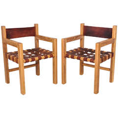 Set of Six Woven Leather and Oak Dining Chairs