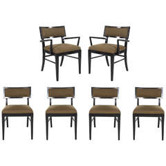 Set of Six Vintage Dining Chairs in Black Gloss and Green Fabric