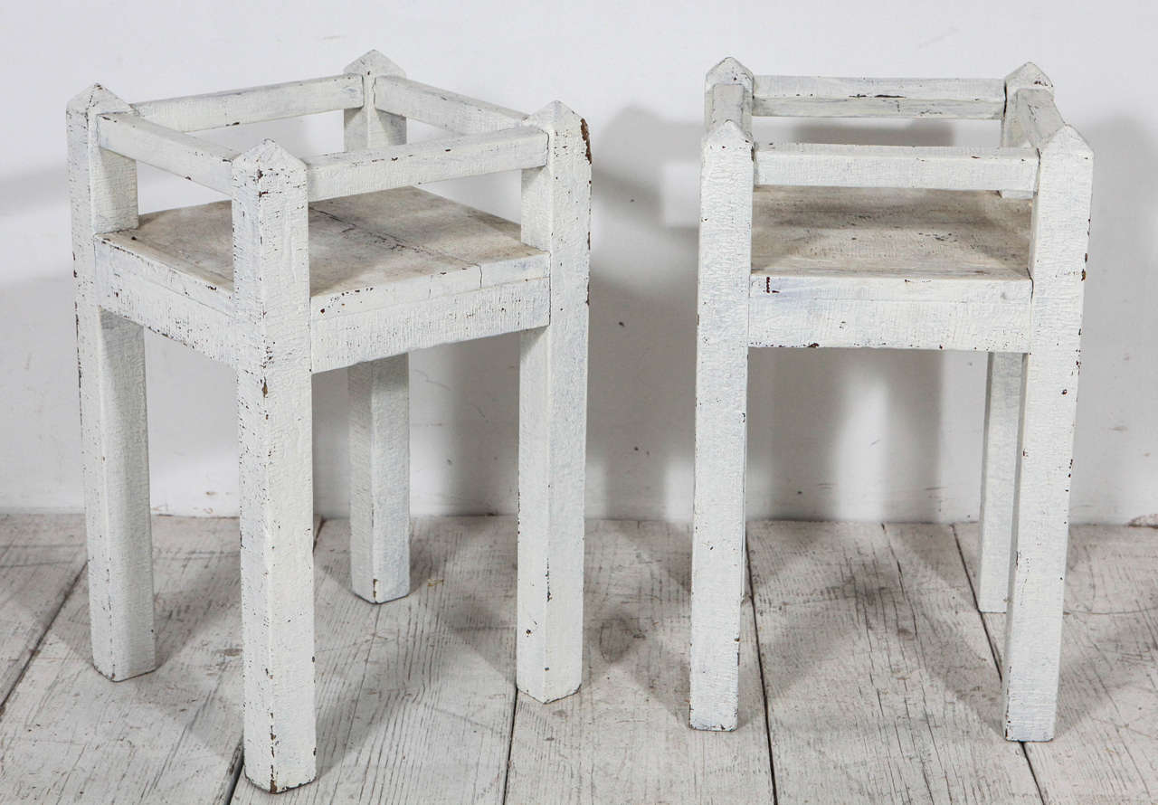 Rustic indoor / outdoor tables in original white paint. Sold individually.