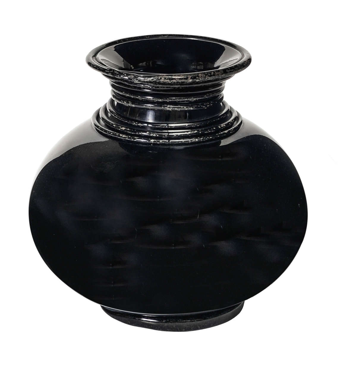Vase in black glass with silver leaf decoration on the base and the rim.
Murano, 1920's.
H. cm 21.