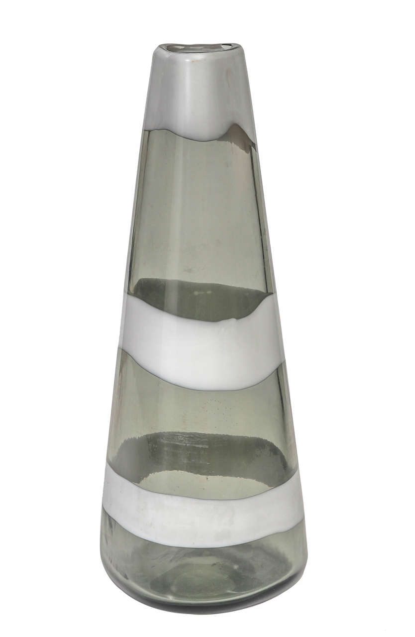 Monumental vase with triangular base in grey blown glass with stripes in 