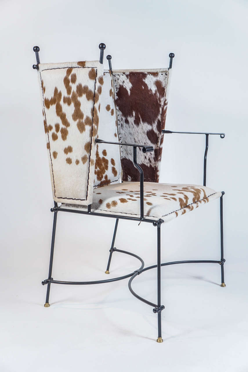 Rustic Pair of Iron and Cowhide Wing Chairs