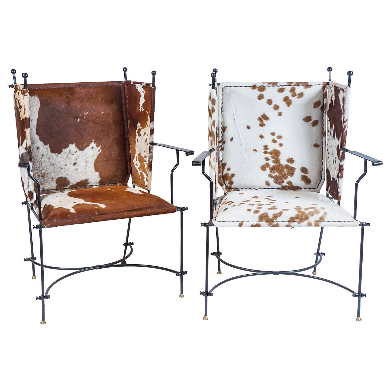 Pair of Iron and Cowhide Wing Chairs