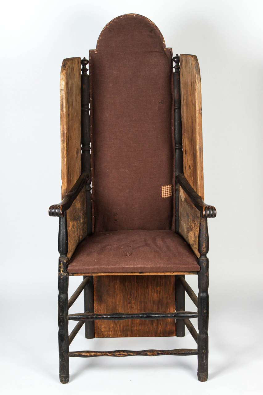 Early New Hampshire wooden wingback chair. Handmade in USA, circa 1730s.