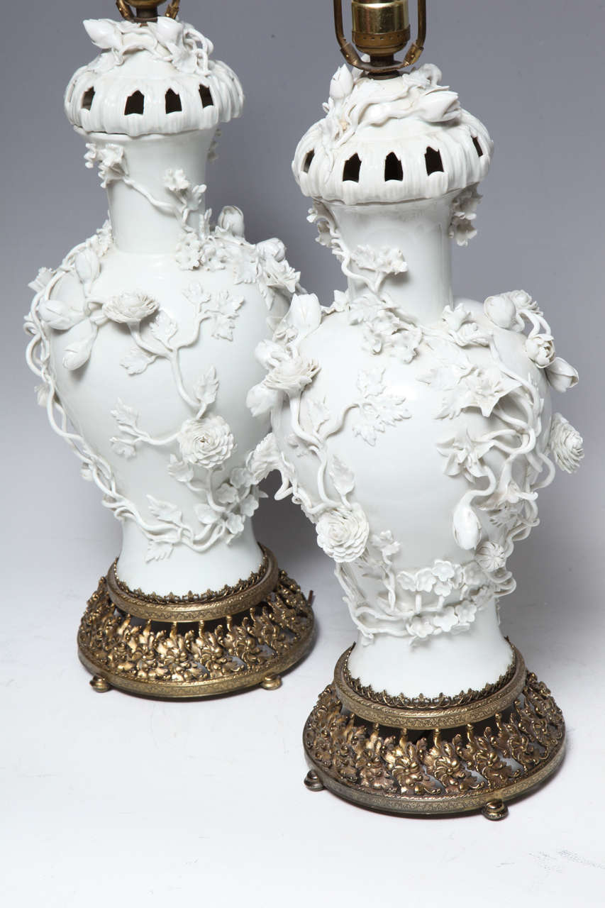 Rococo A Fine Pair of Antique Blanc de Chine Porcelain Potpourri Vases/Lamps