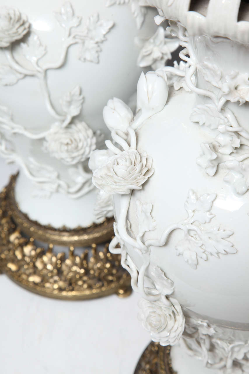 A Fine Pair of Antique Blanc de Chine Porcelain Potpourri Vases/Lamps In Excellent Condition In New York, NY