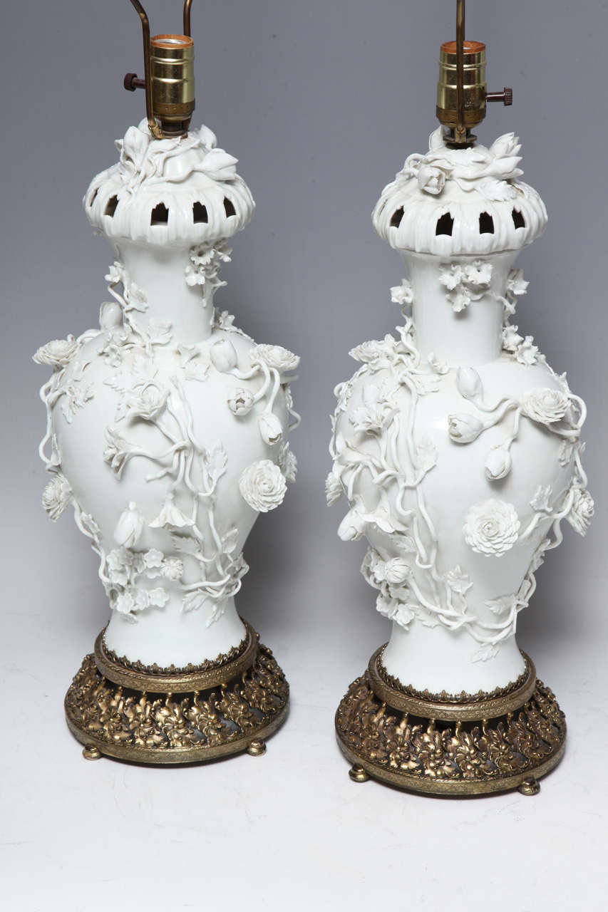 A Fine Pair of Antique Blanc de Chine Porcelain Potpourri Vases/Lamps 1