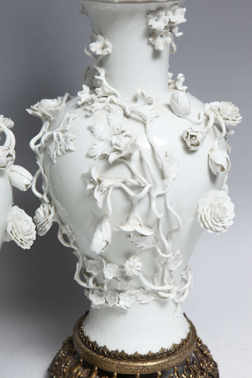 A Fine Pair of Antique Blanc de Chine Porcelain Potpourri Vases/Lamps 2