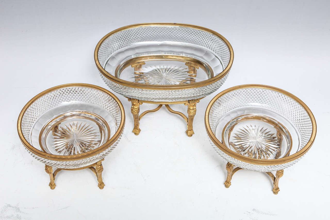 Three-Piece Gilt Bronze Mounted Cut Crystal Centrepiece Garniture Set, Baccarat In Good Condition In New York, NY