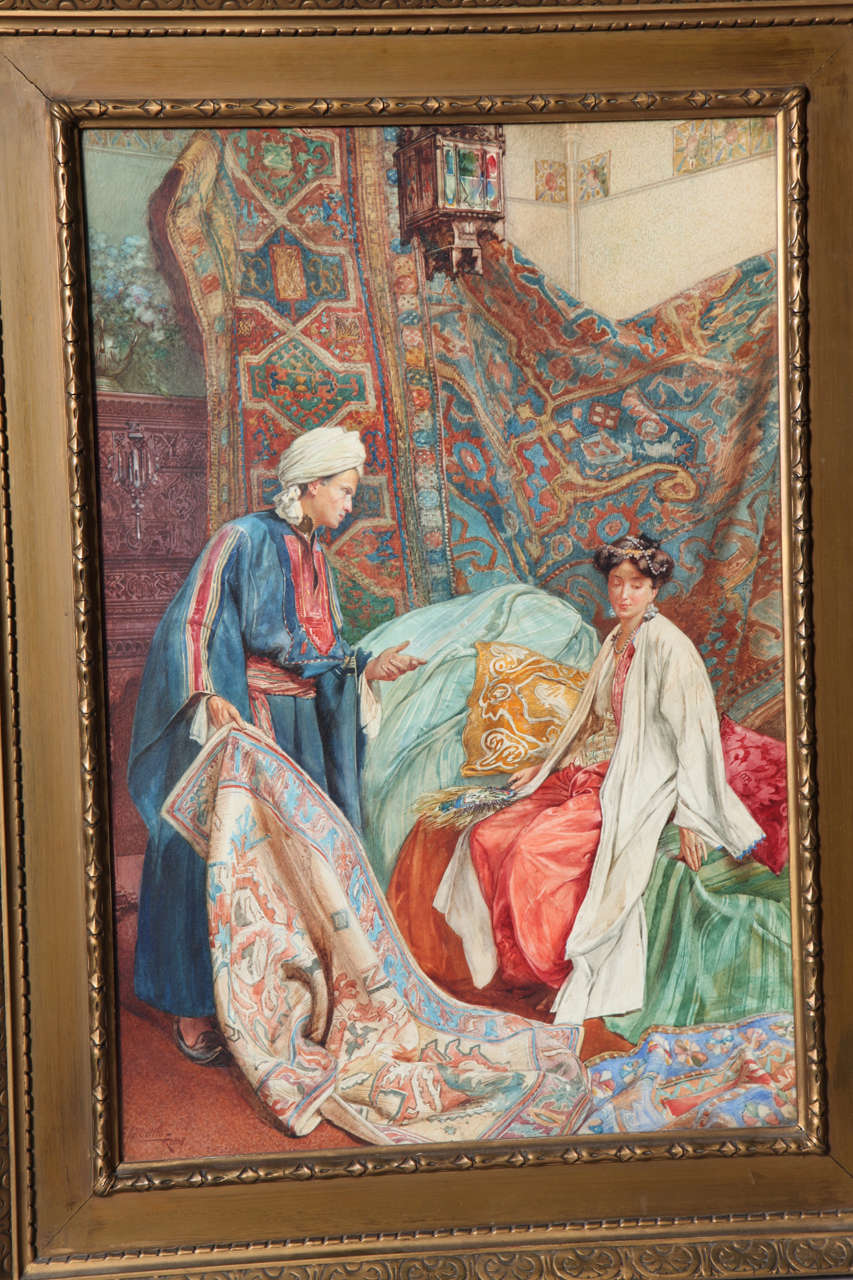 Islamique Aquarelle orientaliste italienne « A Lady at the Bazaar » d'Umberto Cacciarelli en vente
