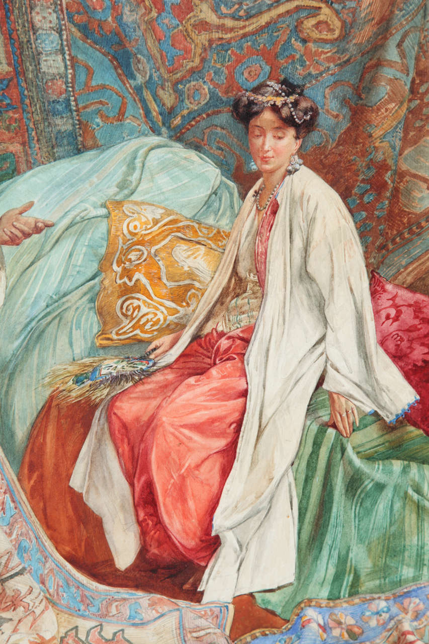 Peint à la main Aquarelle orientaliste italienne « A Lady at the Bazaar » d'Umberto Cacciarelli en vente