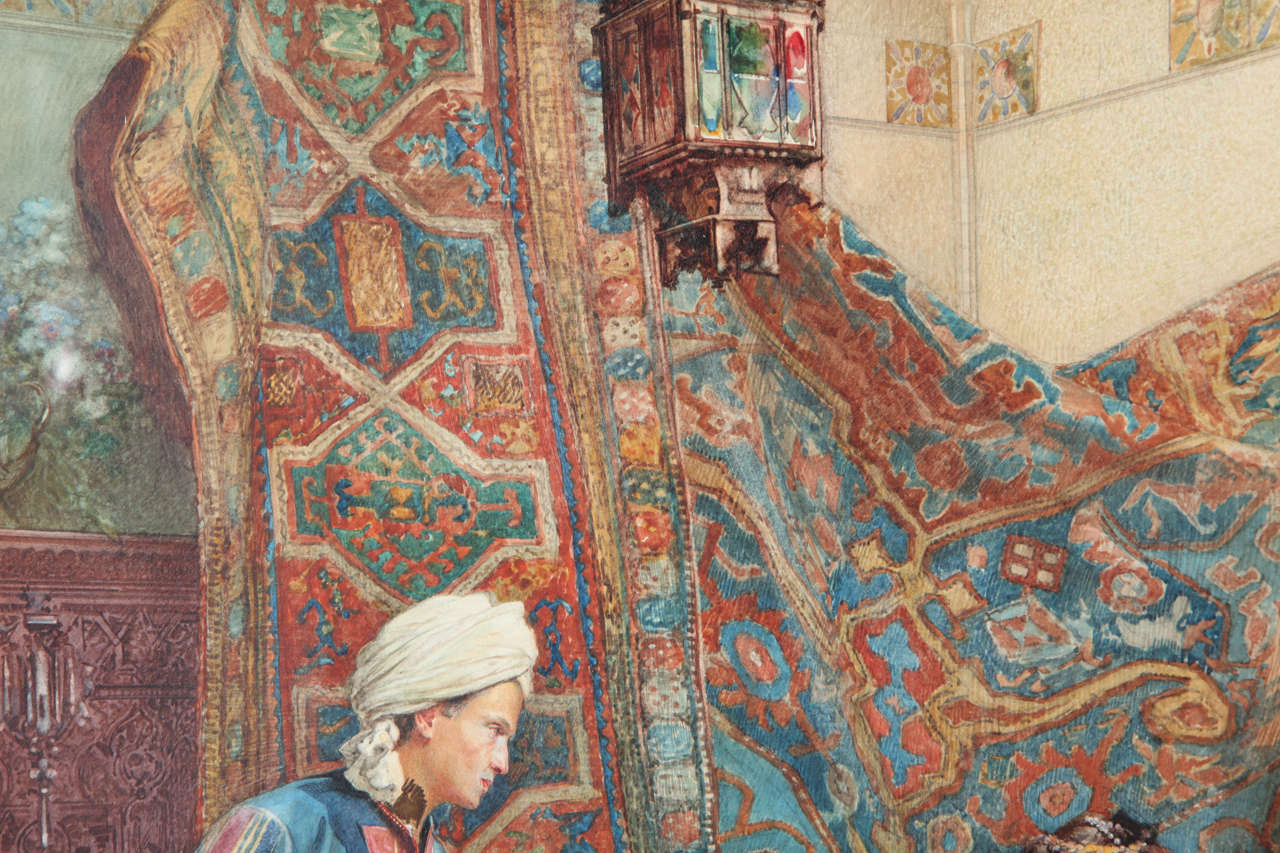 XIXe siècle Aquarelle orientaliste italienne « A Lady at the Bazaar » d'Umberto Cacciarelli en vente