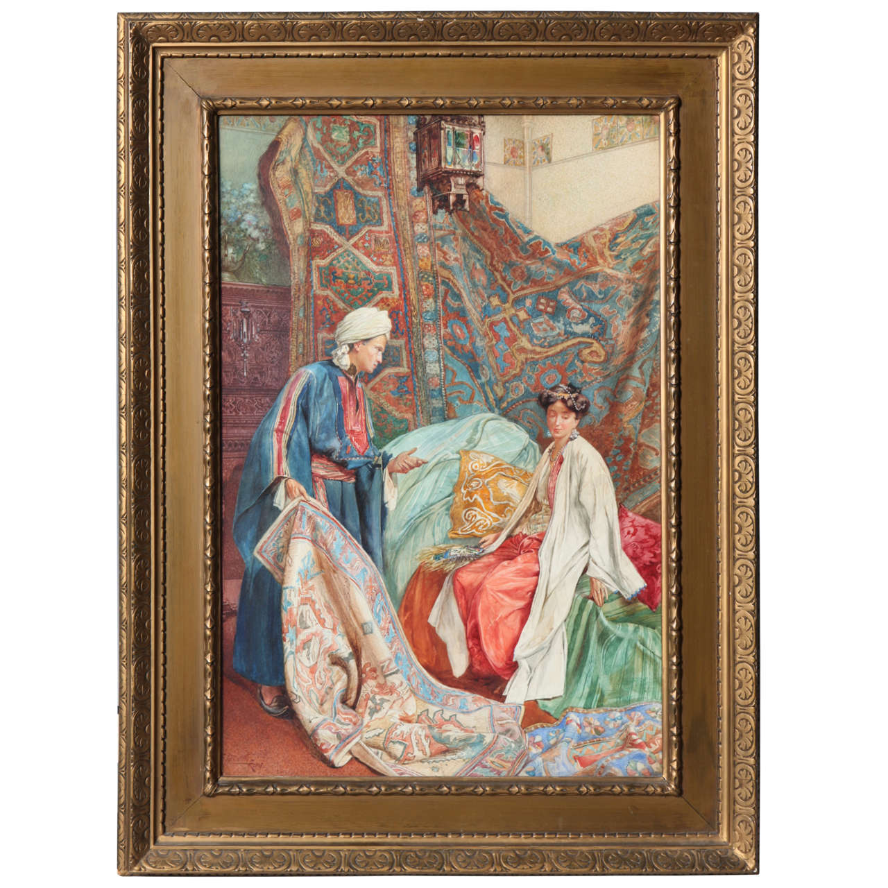 Italian Orientalist Watercolor of "A Lady at the Bazaar", Umberto Cacciarelli