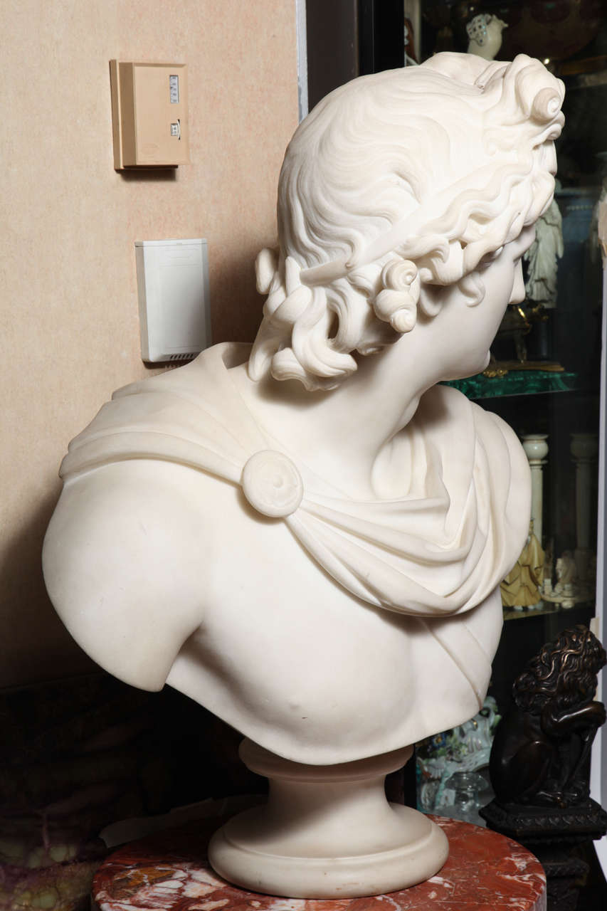 Large Monumental Antique Italian Carrara Marble Bust of Apollo, signed In Excellent Condition In New York, NY
