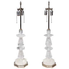 Pair Of French Art Deco Style Silvered Mounted Cut Rock Crystal Lamps