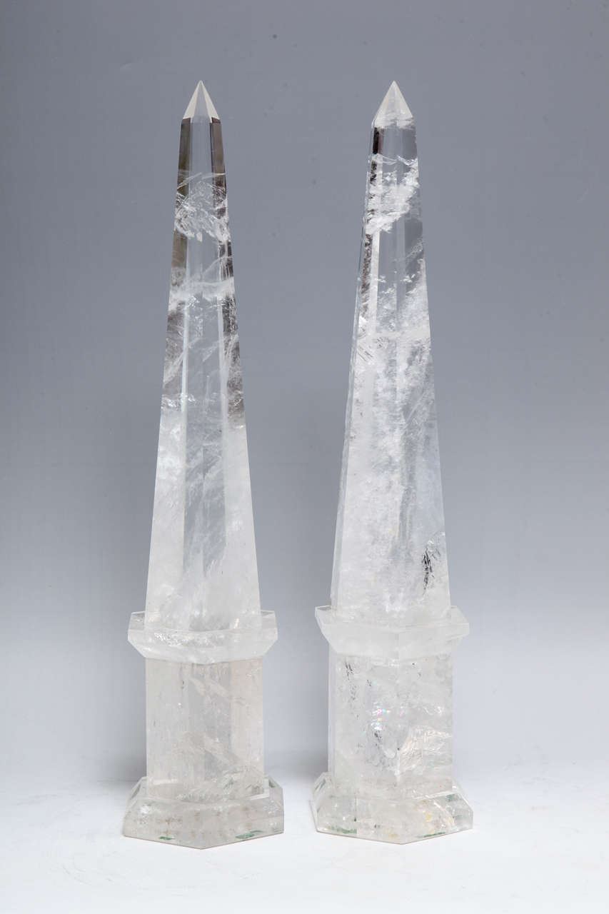 A fine and unusual pair of Art Deco hexagon form cut rock crystal obelisks, beautifully hand-cut and hand-polished, Paris.