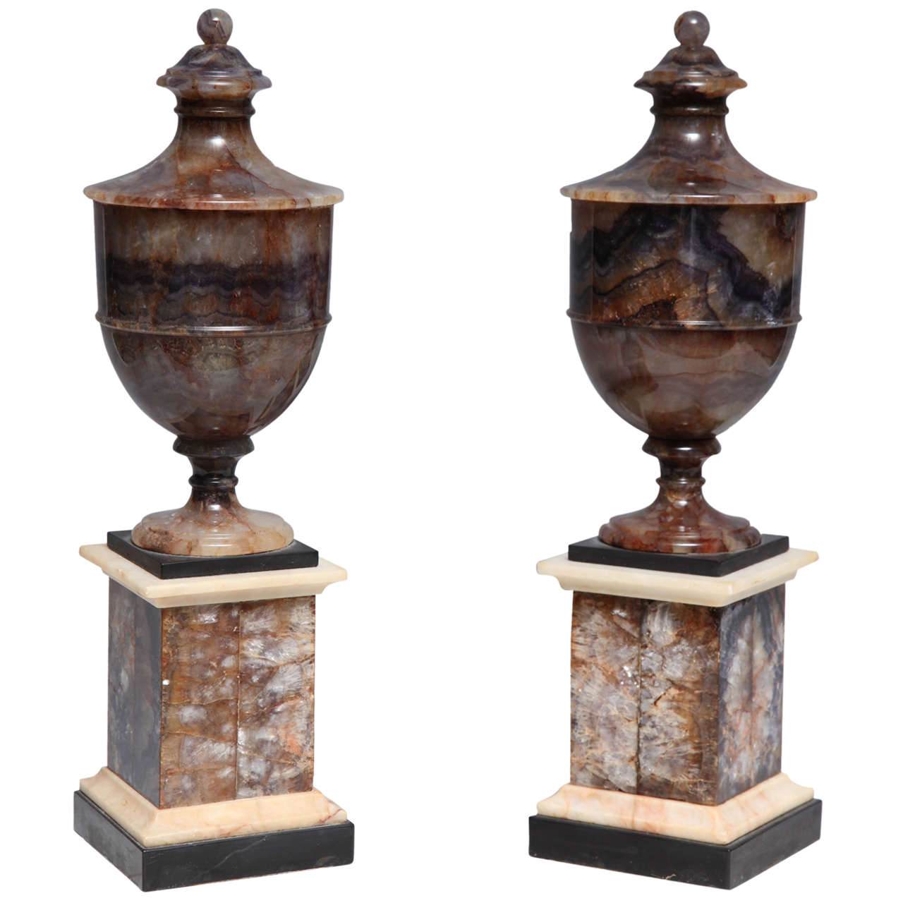 A Fine Pair of Antique English Blue John Vases on Stands at 1stdibs