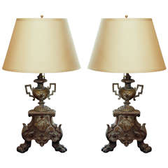 Pair of Bronze Chenets Converted to Lamps