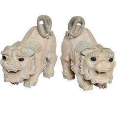 Pair of Wood Hand Carved Foo Dogs