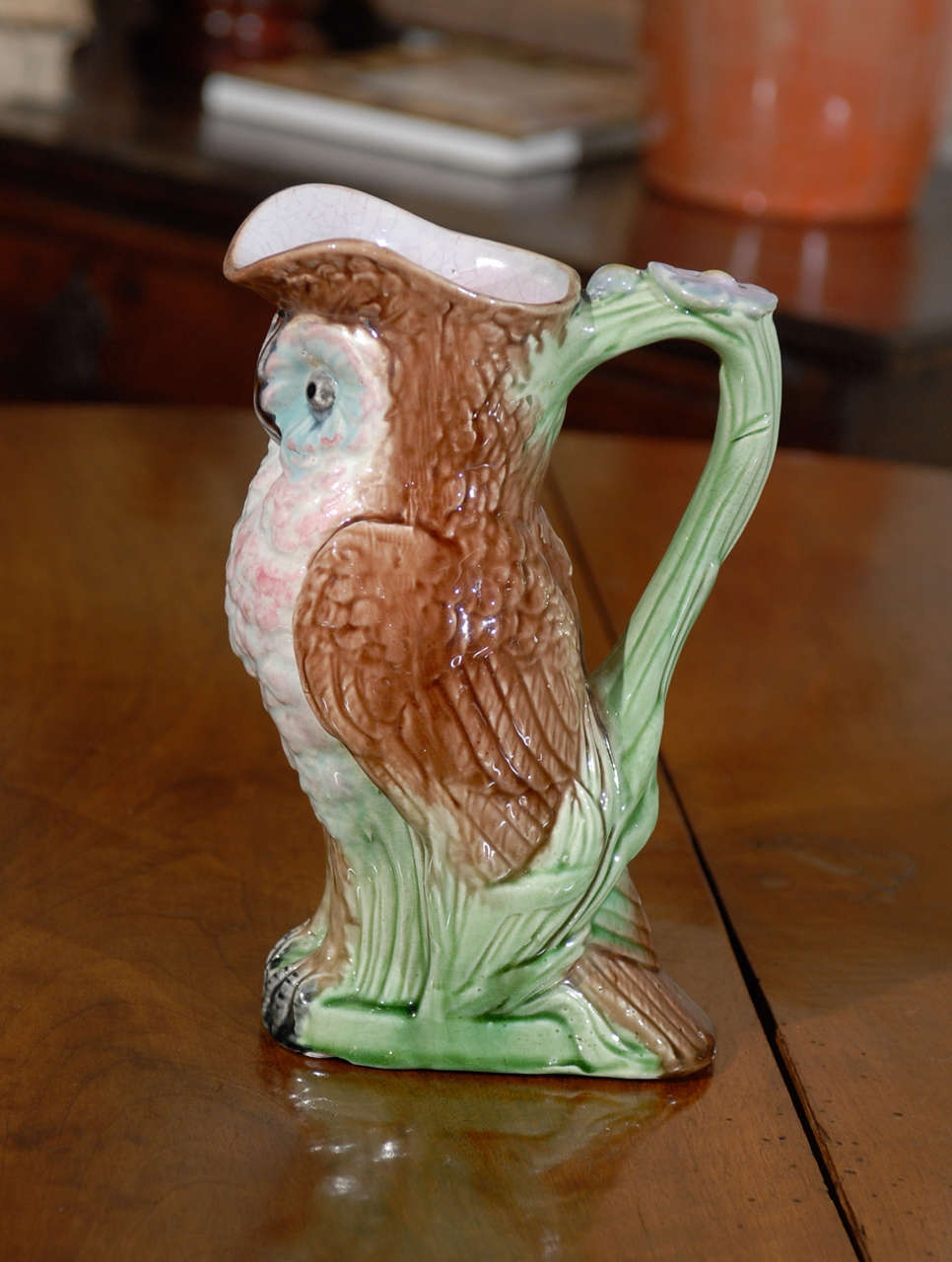 Victorian 19th Century English Majolica Owl Pitcher