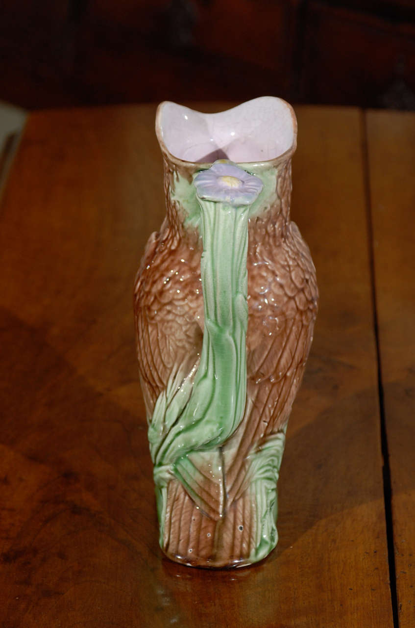 Glazed 19th Century English Majolica Owl Pitcher