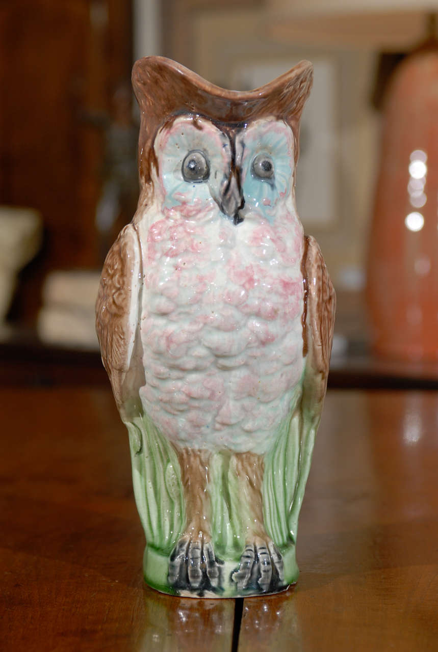 19th Century English Majolica Owl Pitcher 2