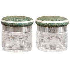 Vintage Pair of English Shagreen and Silver Jars