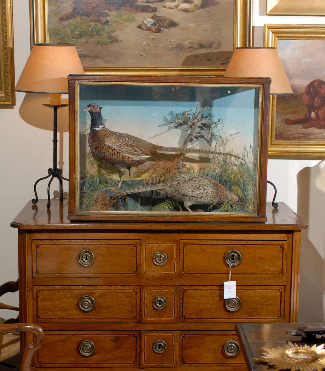 A 19th century pair of stuffed British pheasants in a glass and painted wood case. This sizable display cabinet features a wood frame with glass panes on three sides. The painted background displays a sky view. The pheasants are placed in a lively